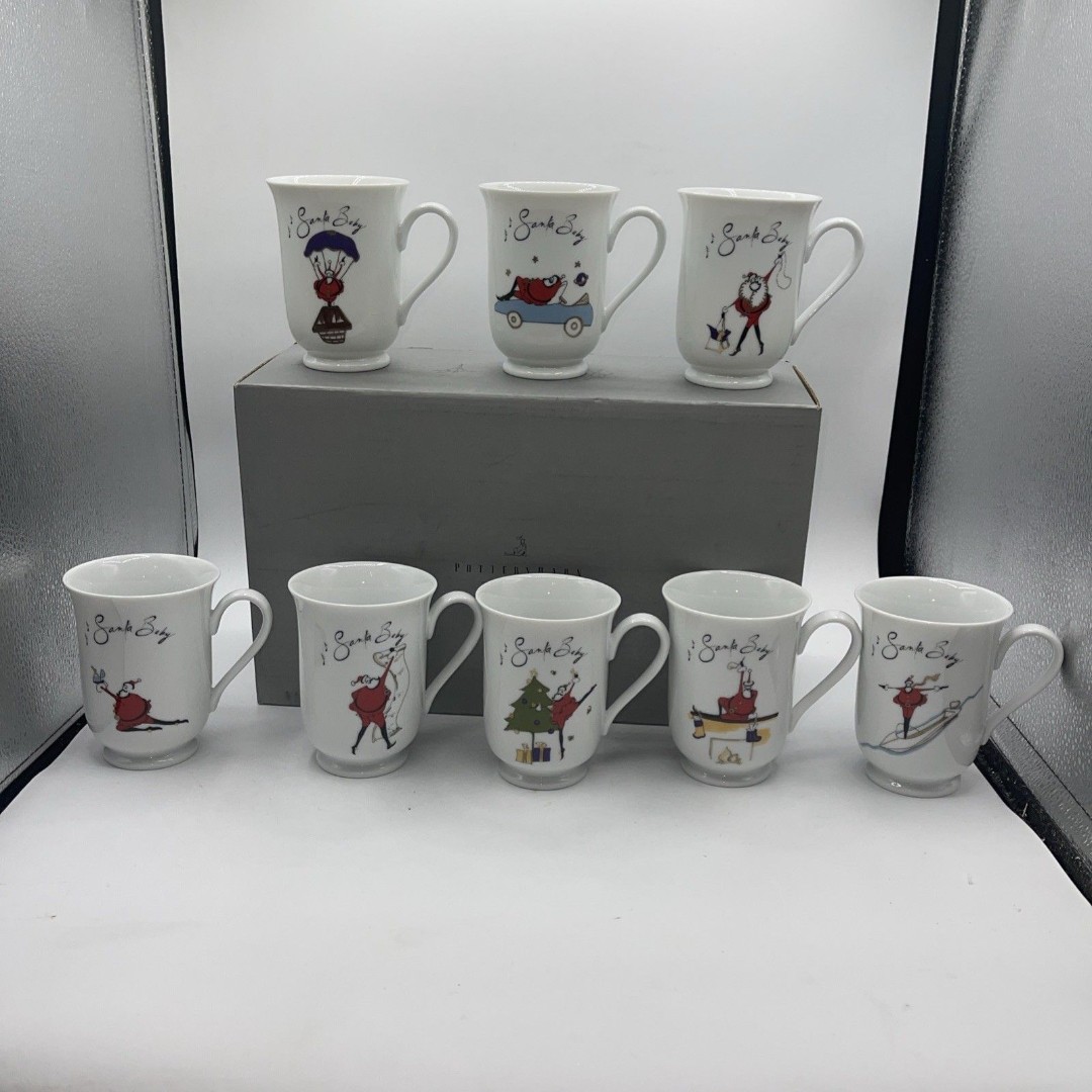 Pottery Barn Christmas Santa Baby Collection Mugs 4.5” Tall set of 8 W/ Box