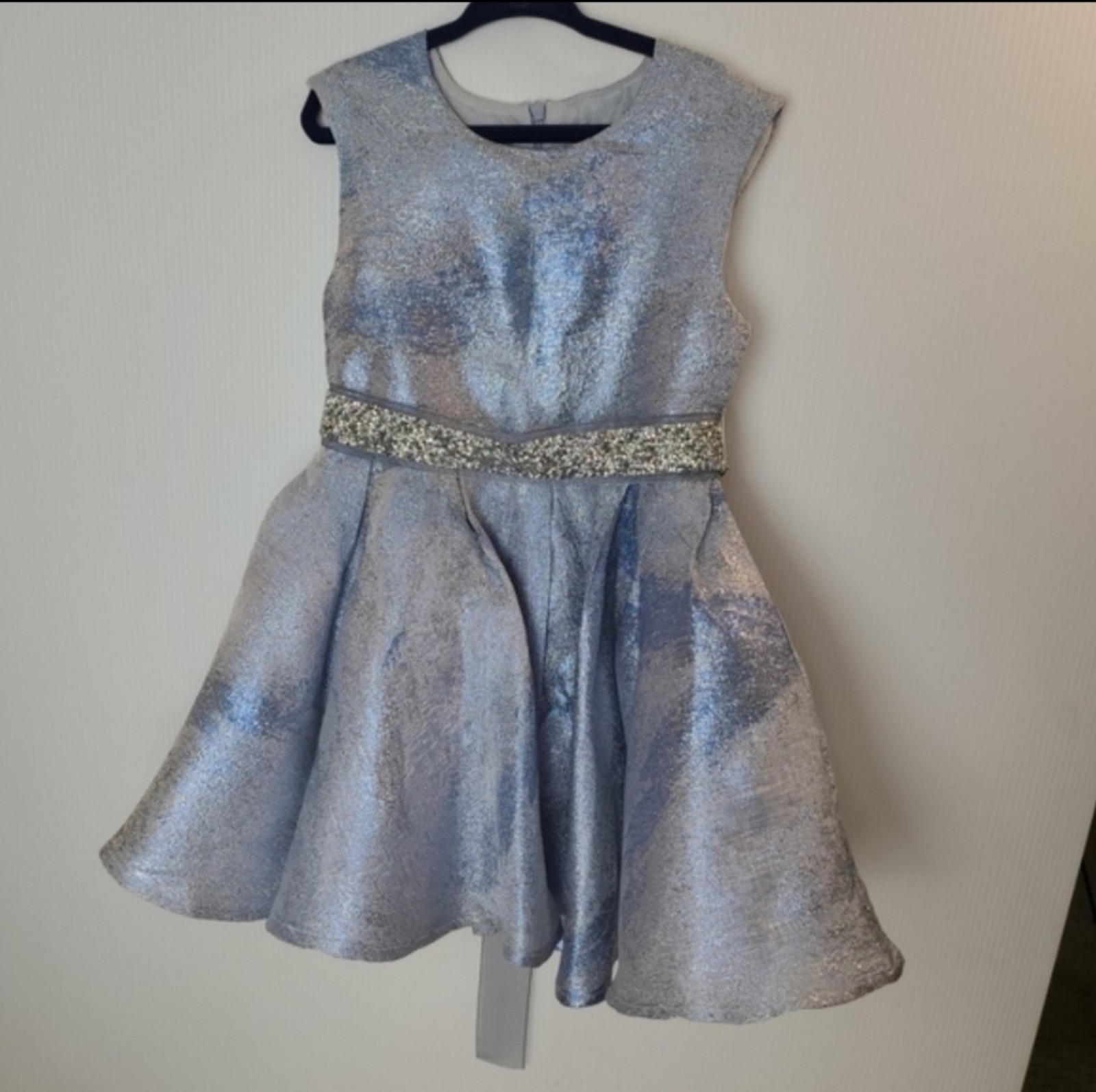 Halabaloo RARE Blue & Silver Sparkly Jacquard Dress with Rhinestone Belt, Size 6