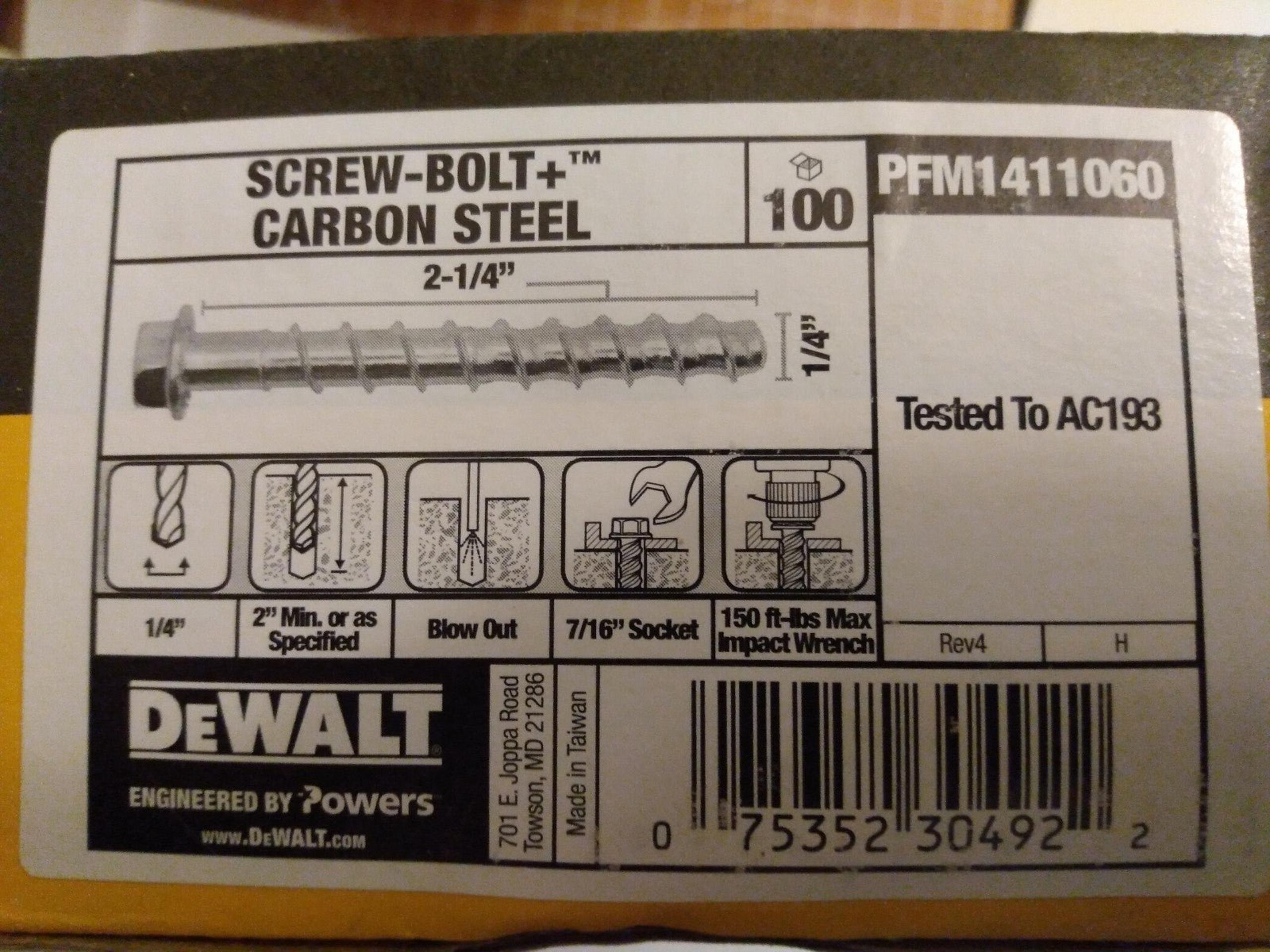 DeWalt PFM1411060 Screw Bolt Carbon Steel 2-1/4" X 1/4" , 100-Pk Dewalt New NIB