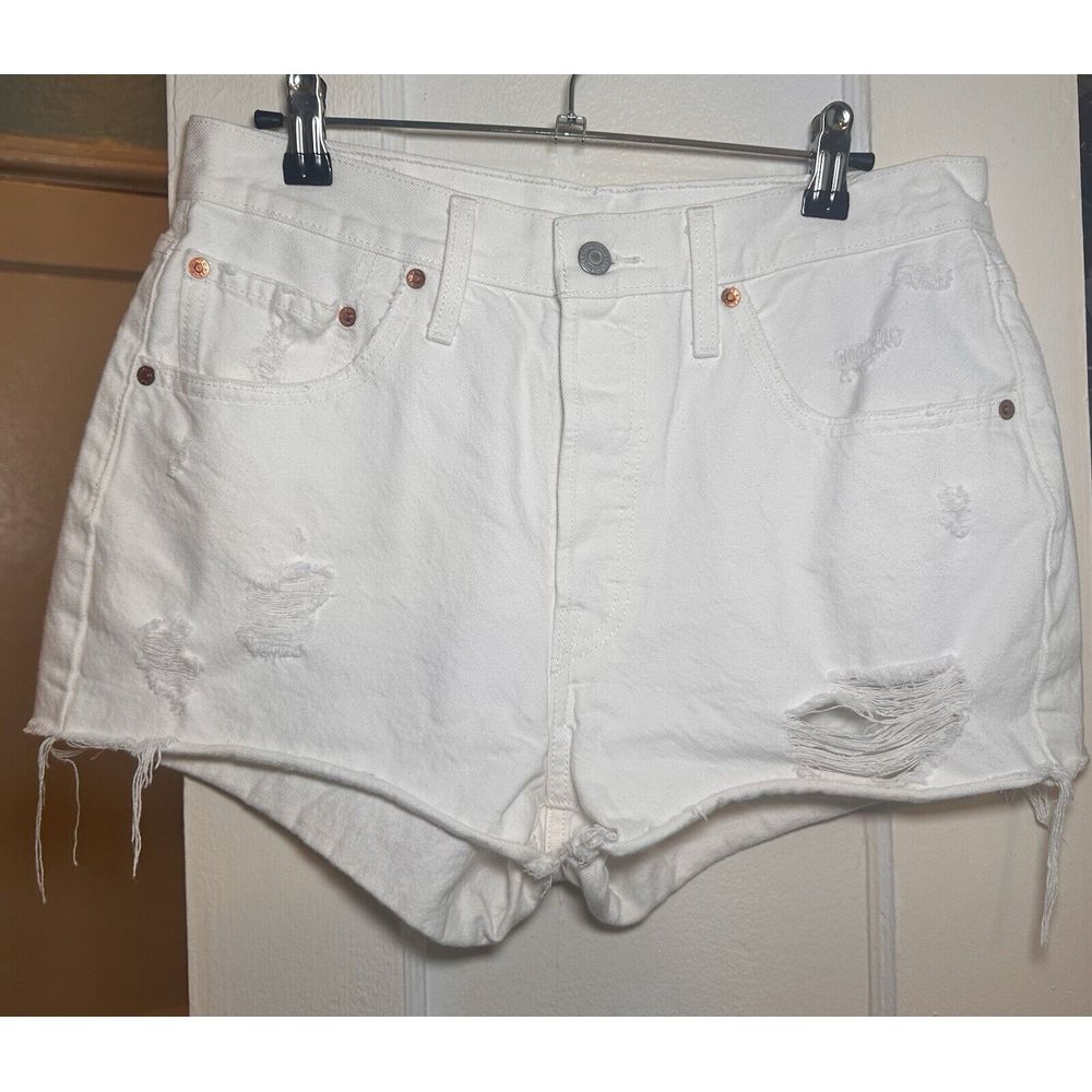Levis Premium 501 Rare Blue Tag White Cutoff Denim Shorts Big E Button Fly 30