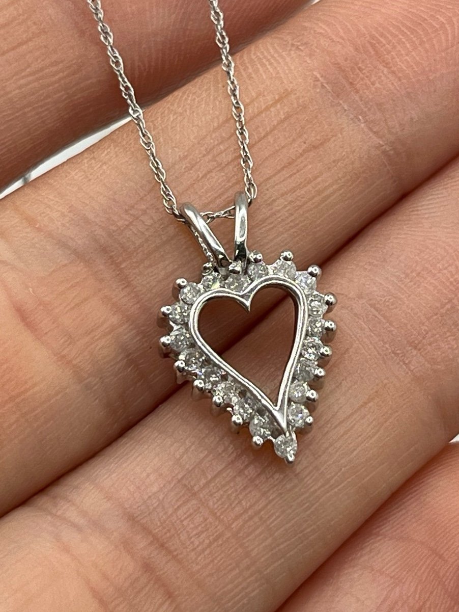 10K White Gold Open Heart CZ Thin Chain Necklace