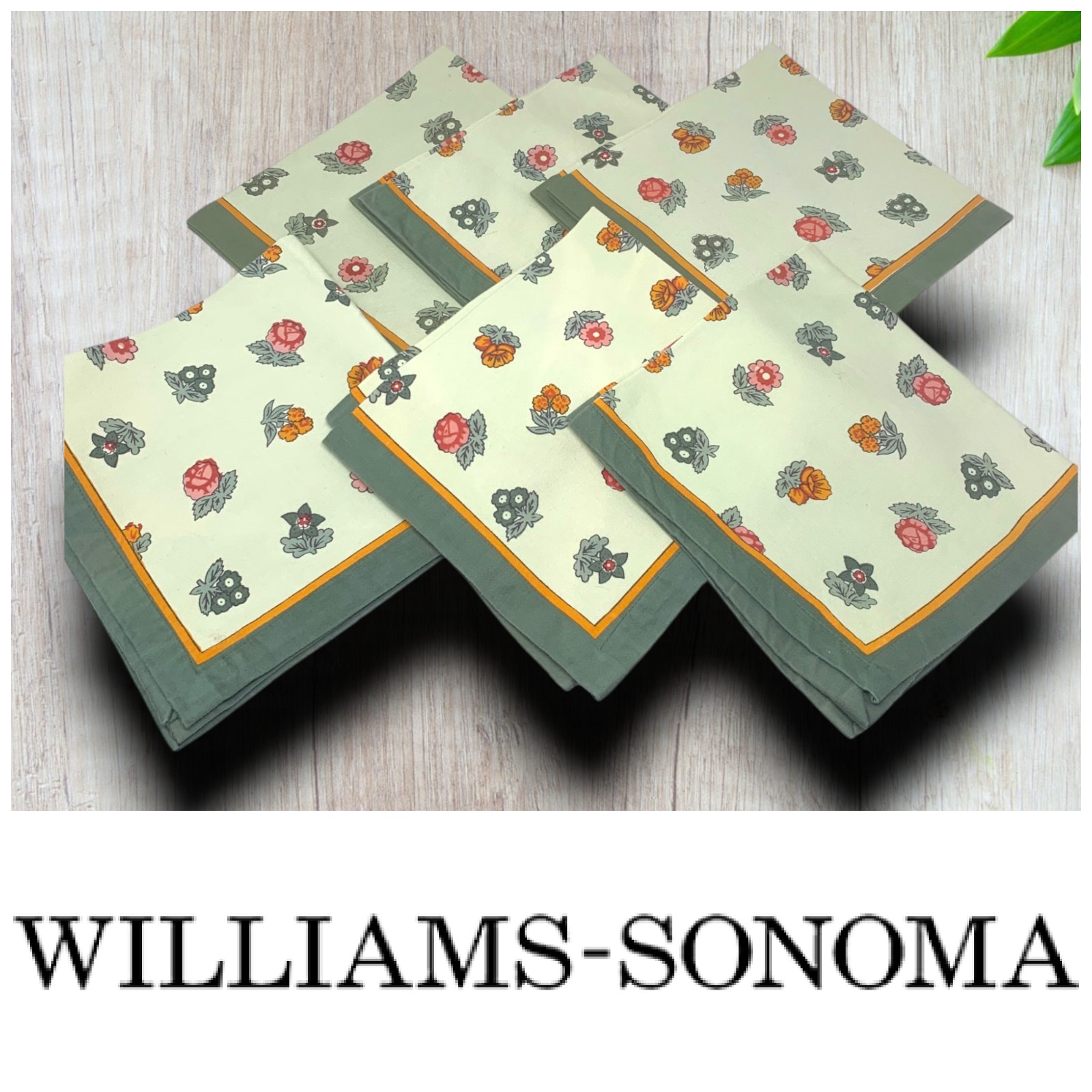 Lot 6 x Williams Sonoma Floral Napkins Square 20” Green Border Botanical