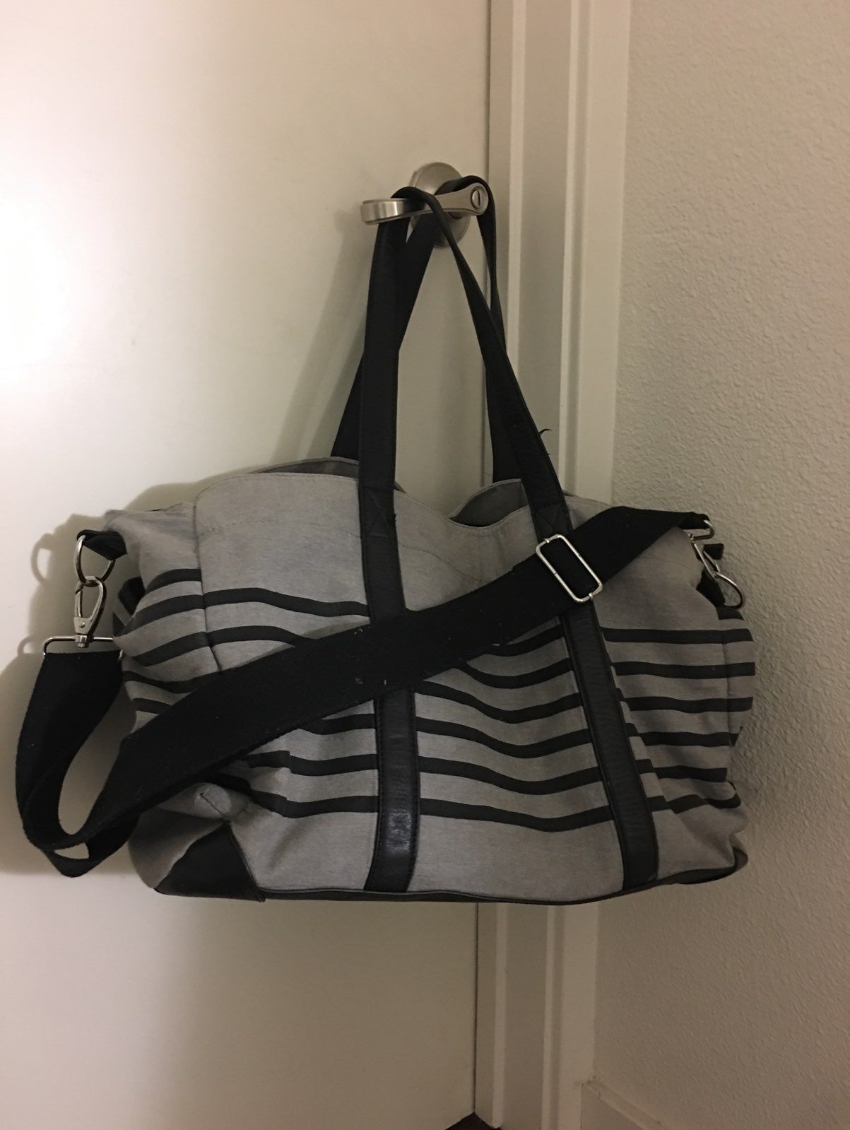 Pottery Barn Gray Striped Diaper Bag
