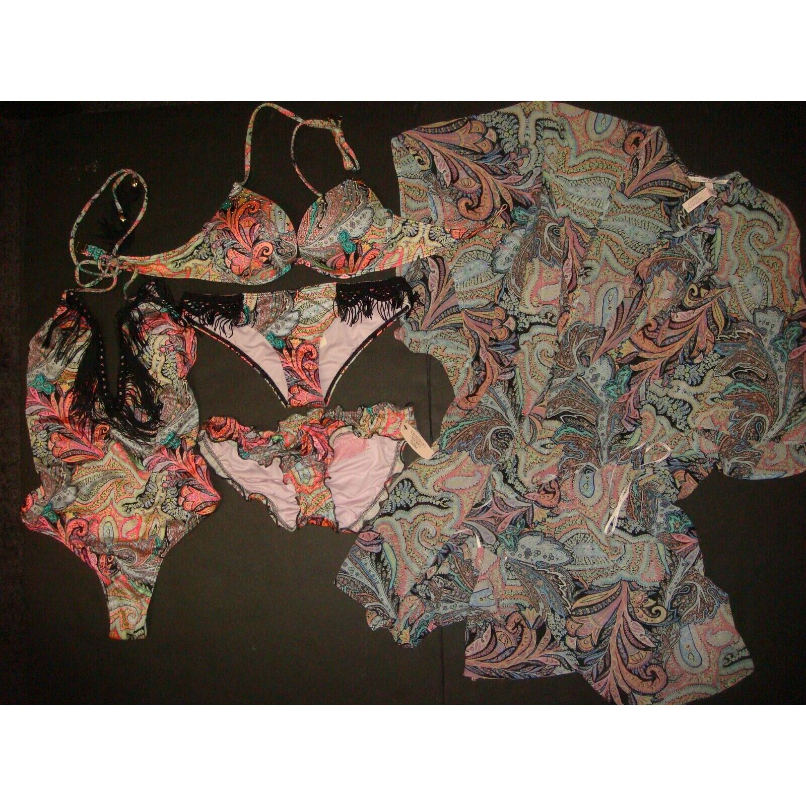 Victoria's Secret 32B,34B BIKINI+ONE-PIECE monokini+COVER UP tunic neon PAISLEY