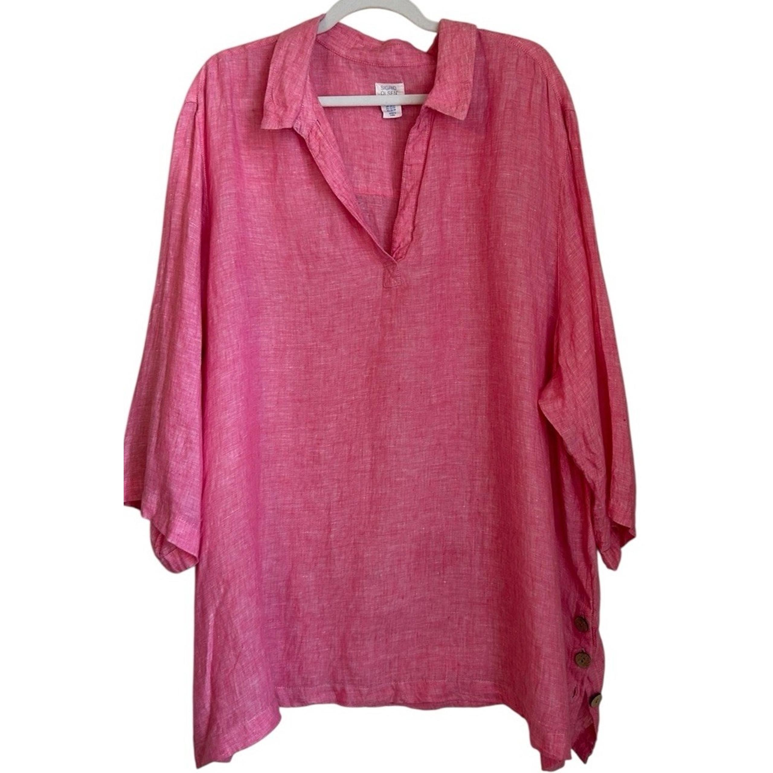 Sigrid Olsen Womens Size 3X 100% Linen Tunic Popover Top Pink-Red 3/4 Sleeve