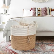 Woven Storage Basket Decorative Natural Rope Basket Wooden Bead 16 x13