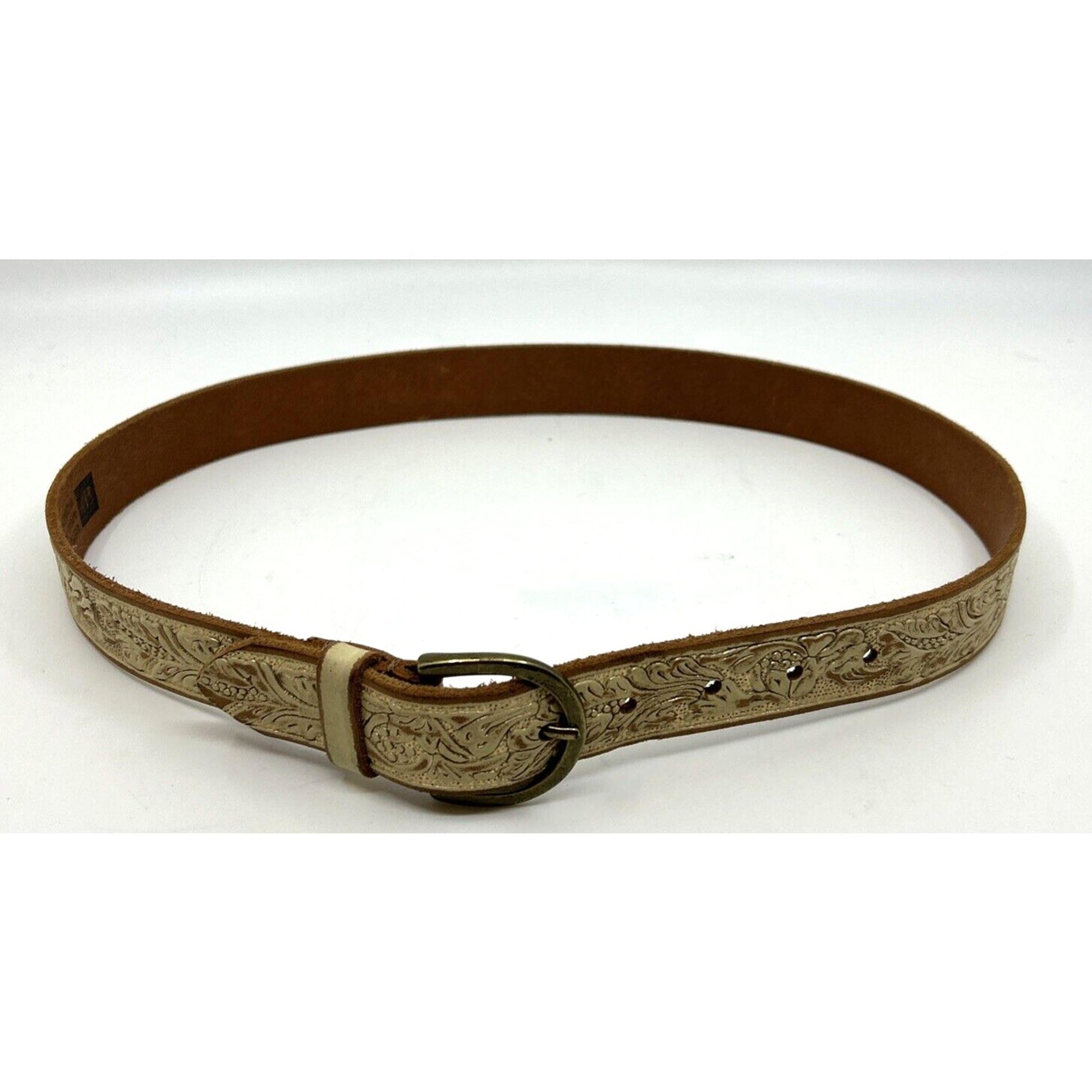 Gap Leather Embossed Belt Women Sz S Cream Gold Design Solid Brass Buckle Boho