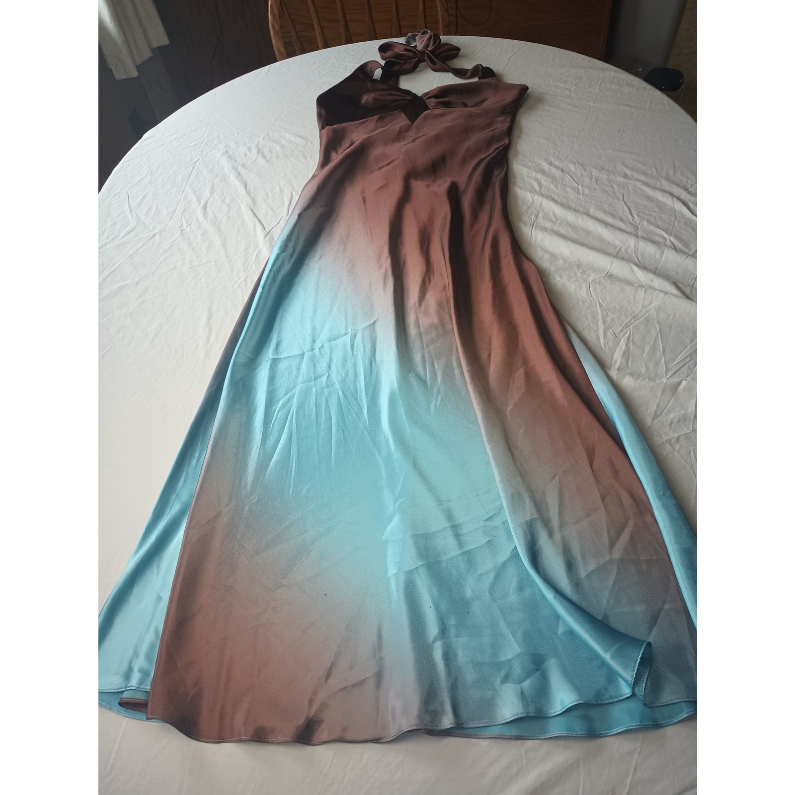 Vintage 90s Halter Maxi Dress Teal Brown Jessica McClintock Gunne Sax Size 13/14