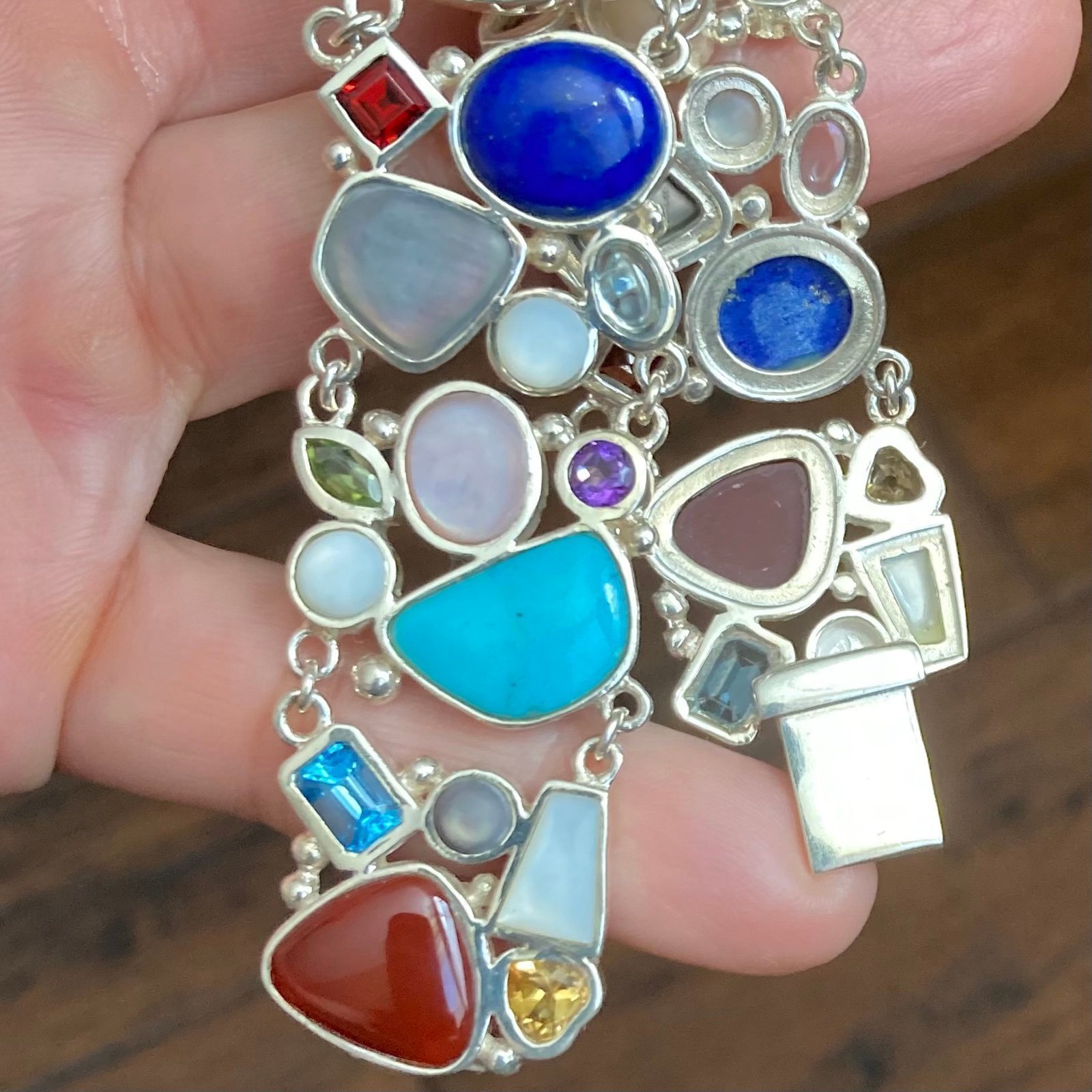 Rare Vintage Multi Gemstones 925 Sterling Silver Wide Bracelet Made In Thailand