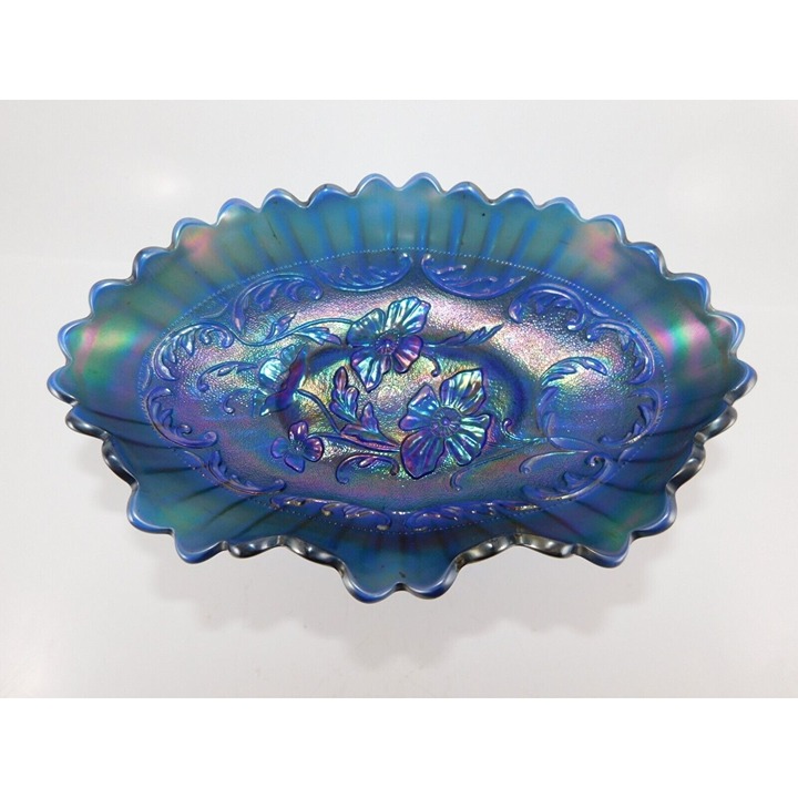 1212/2520 Vintage Northwood Poppy Cobalt Blue Carnival Glass Candy Dish