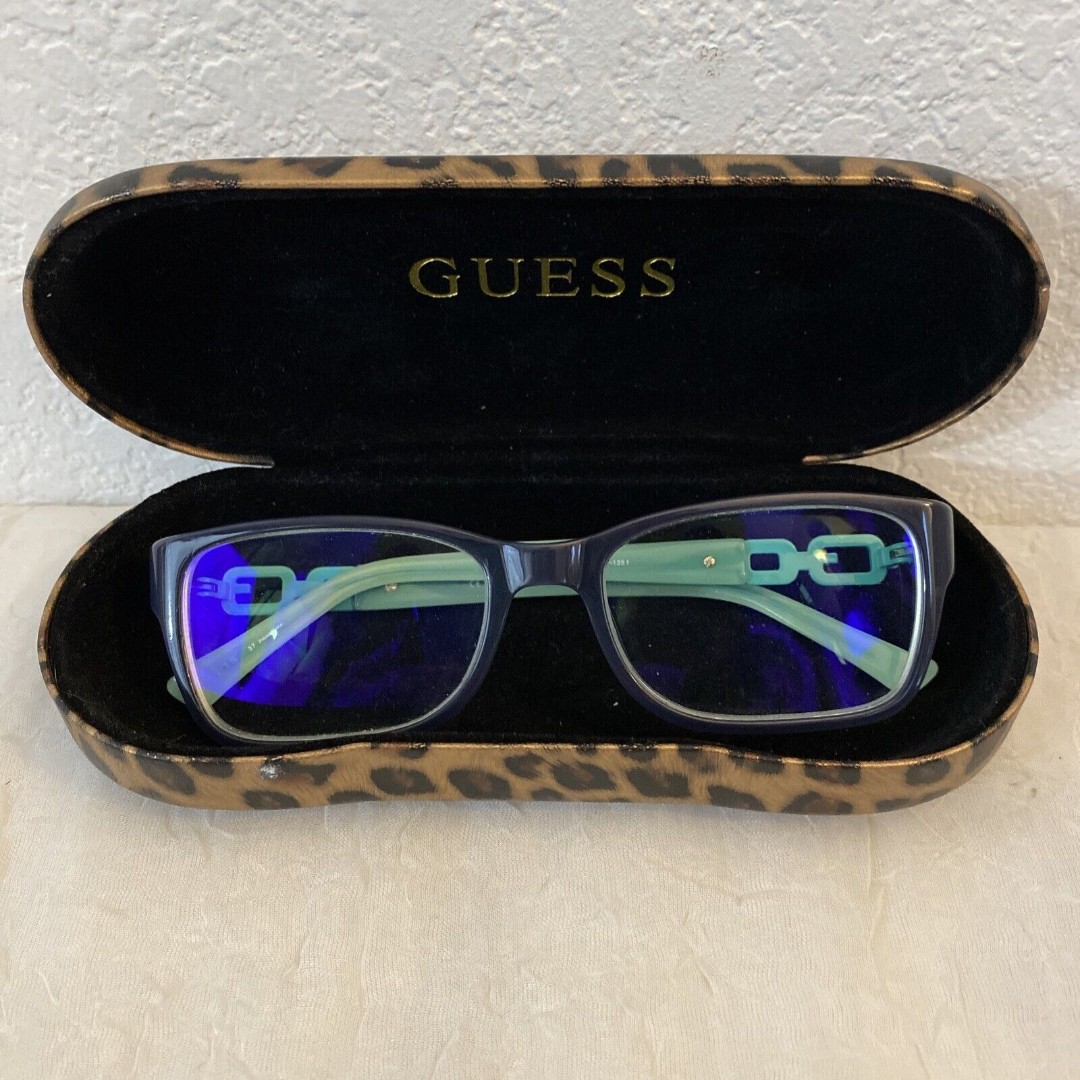 Guess Eyeglass Frames Blue Green Full Rim w Leopard Print Case GU2406 52-17-135