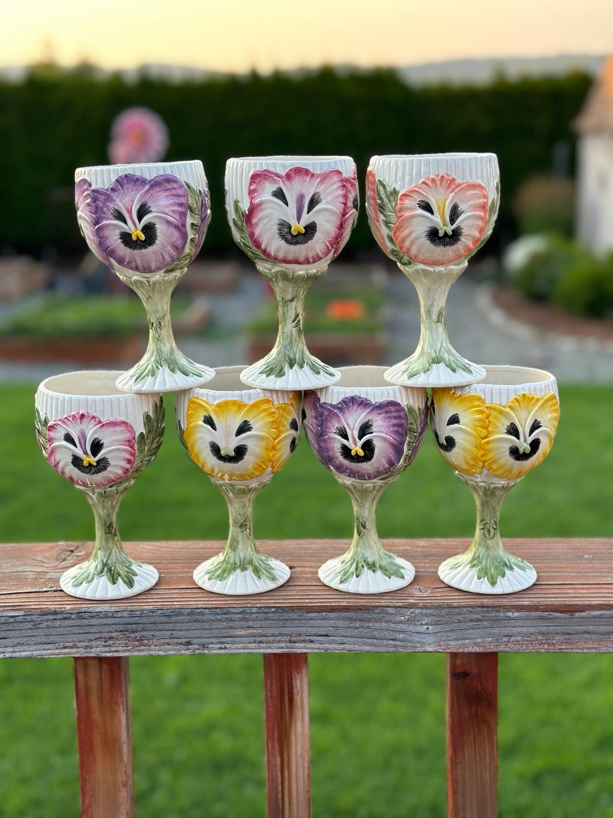7 Qty Colored fitz and floyd 1970s Handpainted Pottery Ceramic Goblets