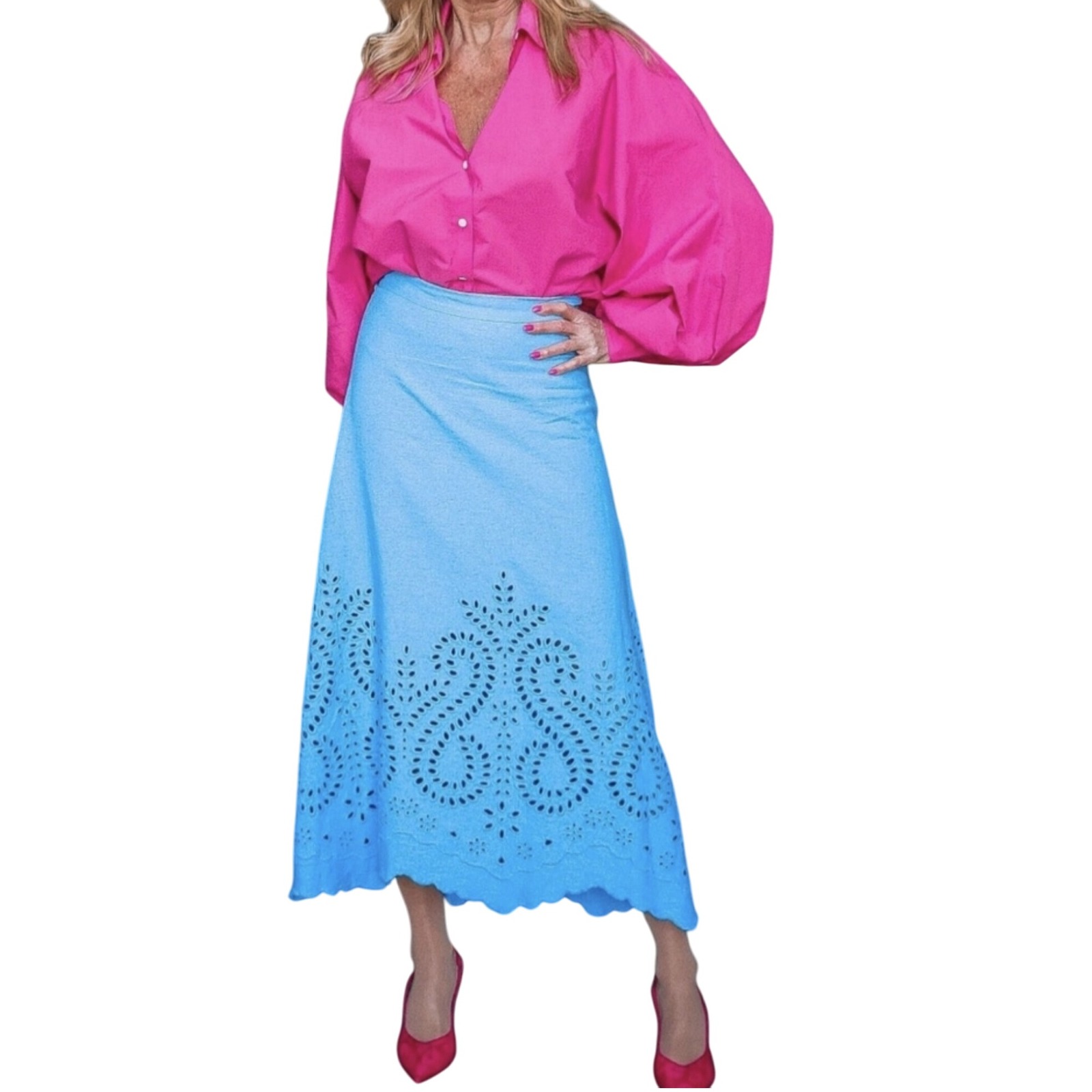 Zara Eyelet Midi Skirt Laser Cut A-Line Blue XS