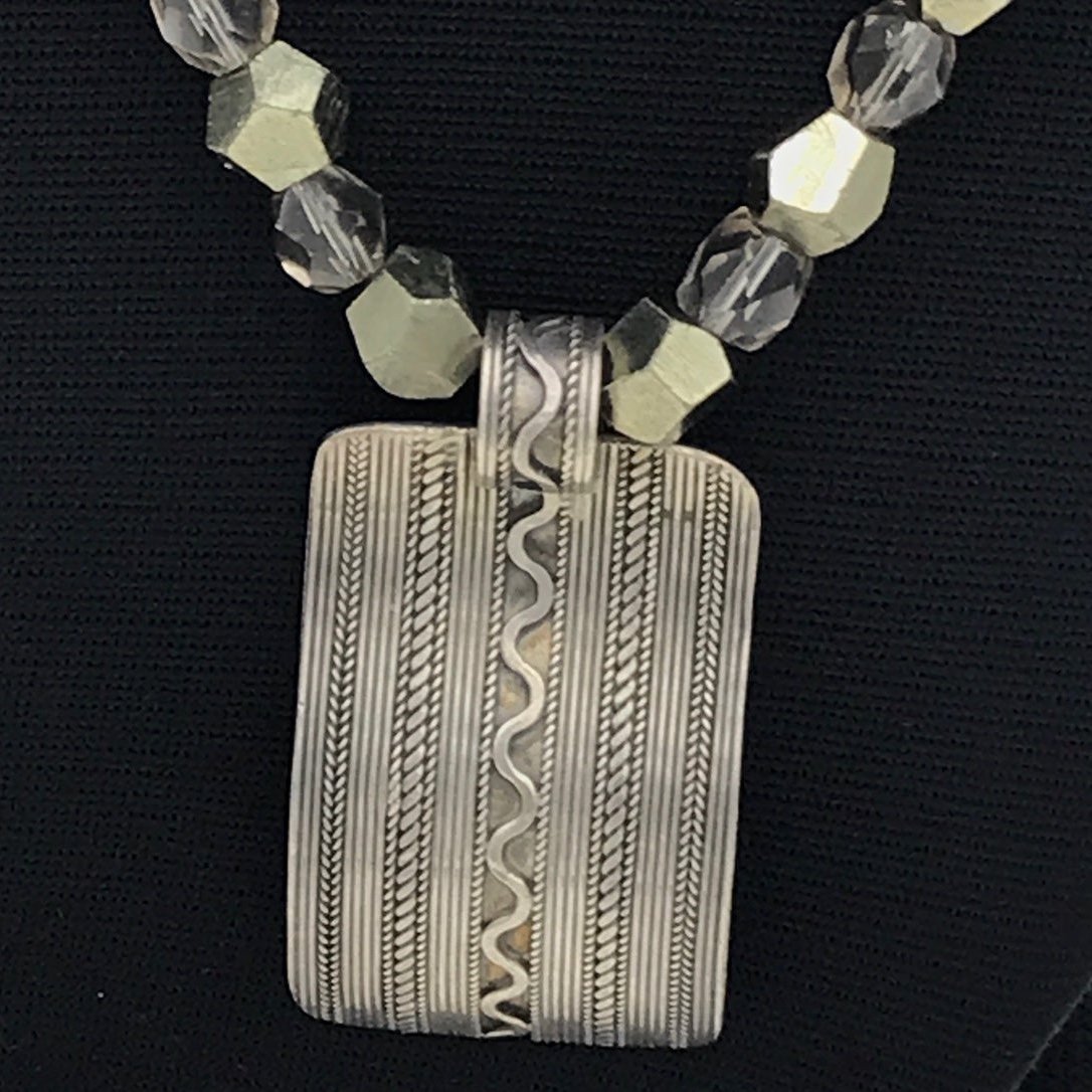 Vintage sterling silver 925 rectangular pendant & pyrite smokey quartz necklace