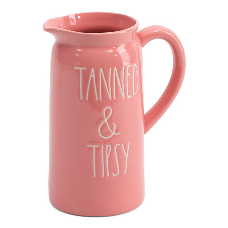 Rae Dunn Coral Pink White Ceramic Tanned and Tipsy Etched Glass Drink Pitcher