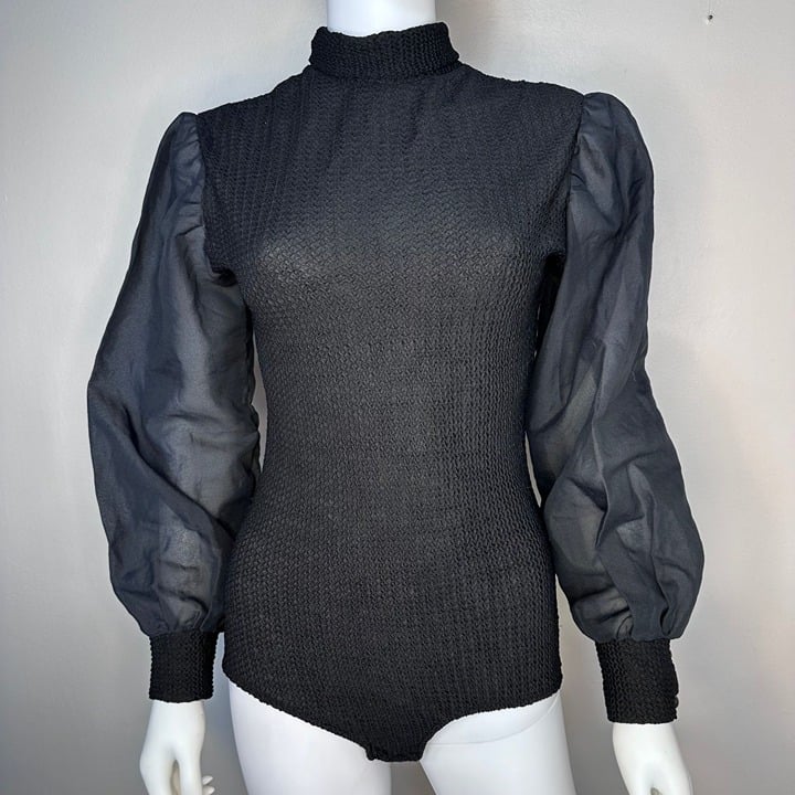 Vintage 1970s Black Turtleneck Body Suit with Sheer Balloon Sleeves, Size Medium
