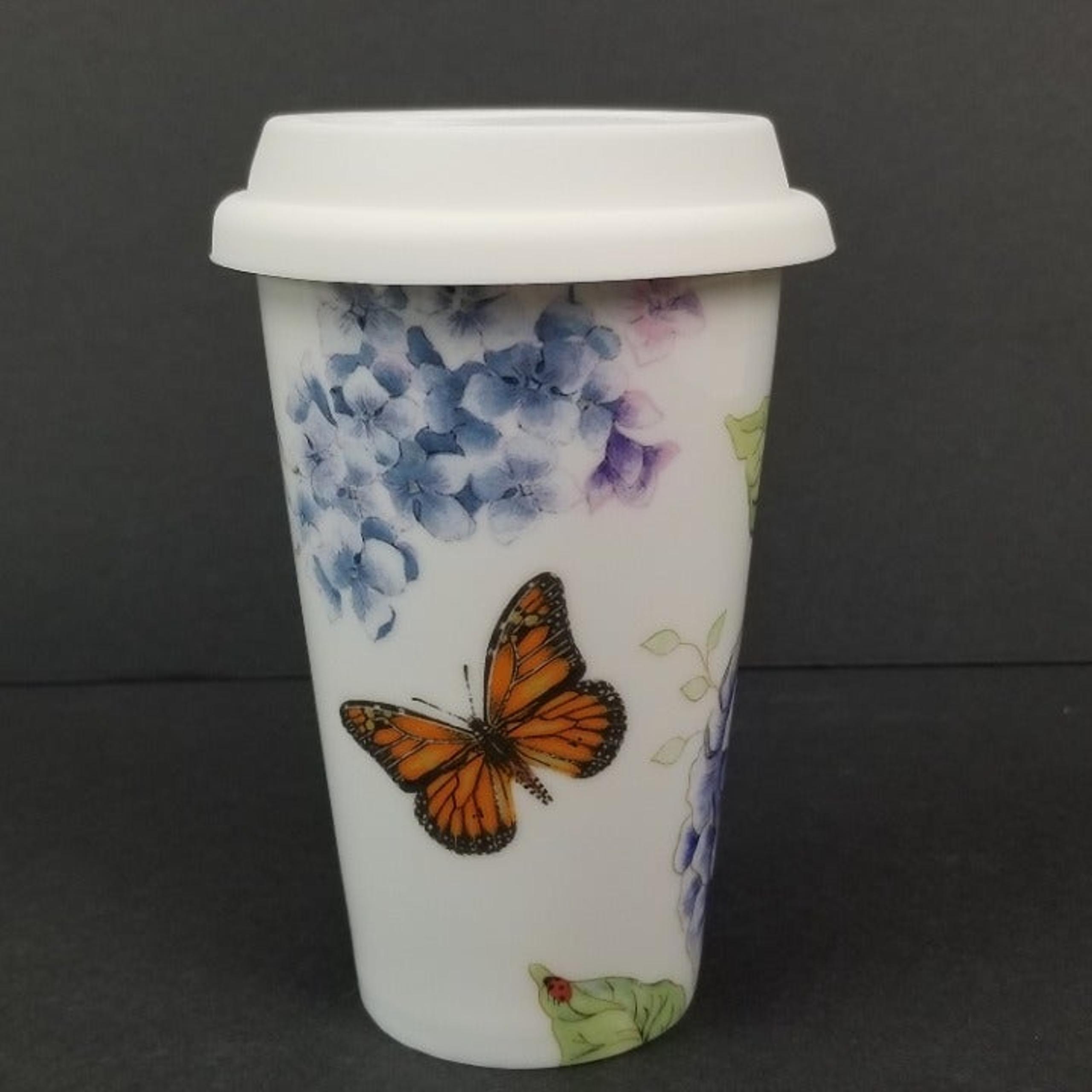 NEW LENOX "BUTTERFLY MEADOW" MONARCH THERMAL TRAVEL MUG w/SILICONE LID