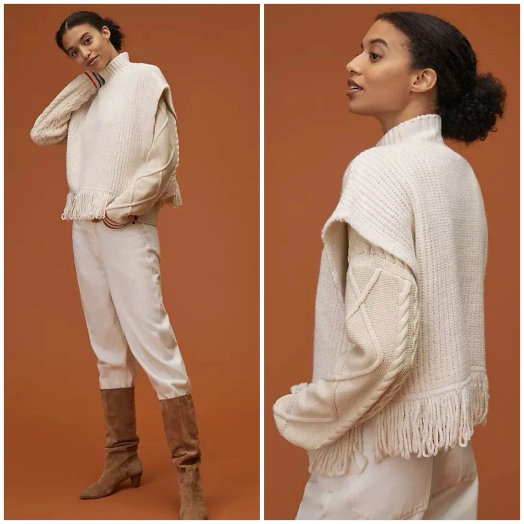 Anthropologie Oversized Sweater Vest Fringed Mock Neck Cape Size XL Poncho