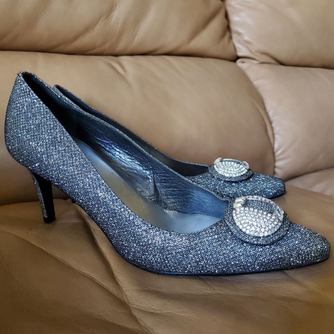 Stuart Weitzman Shoes Silver Crystal embellished Point Toe Heel Women 6 Spain