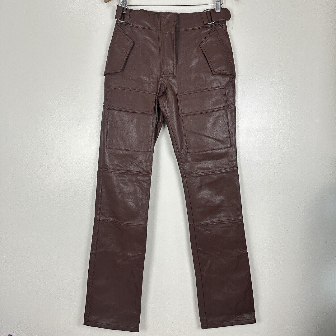 MISBHV Women's US Size S Leather Effect Brown Cargo Straight Leg Trousers Pant