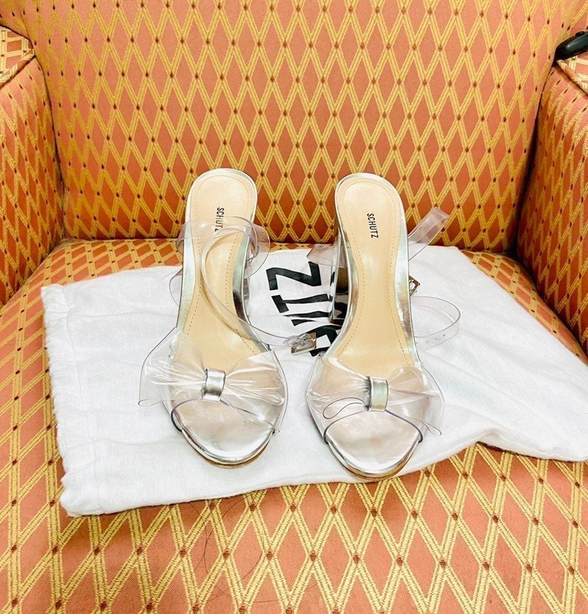 SCHUTZ Transparent Ankle Strap High Heels with bow