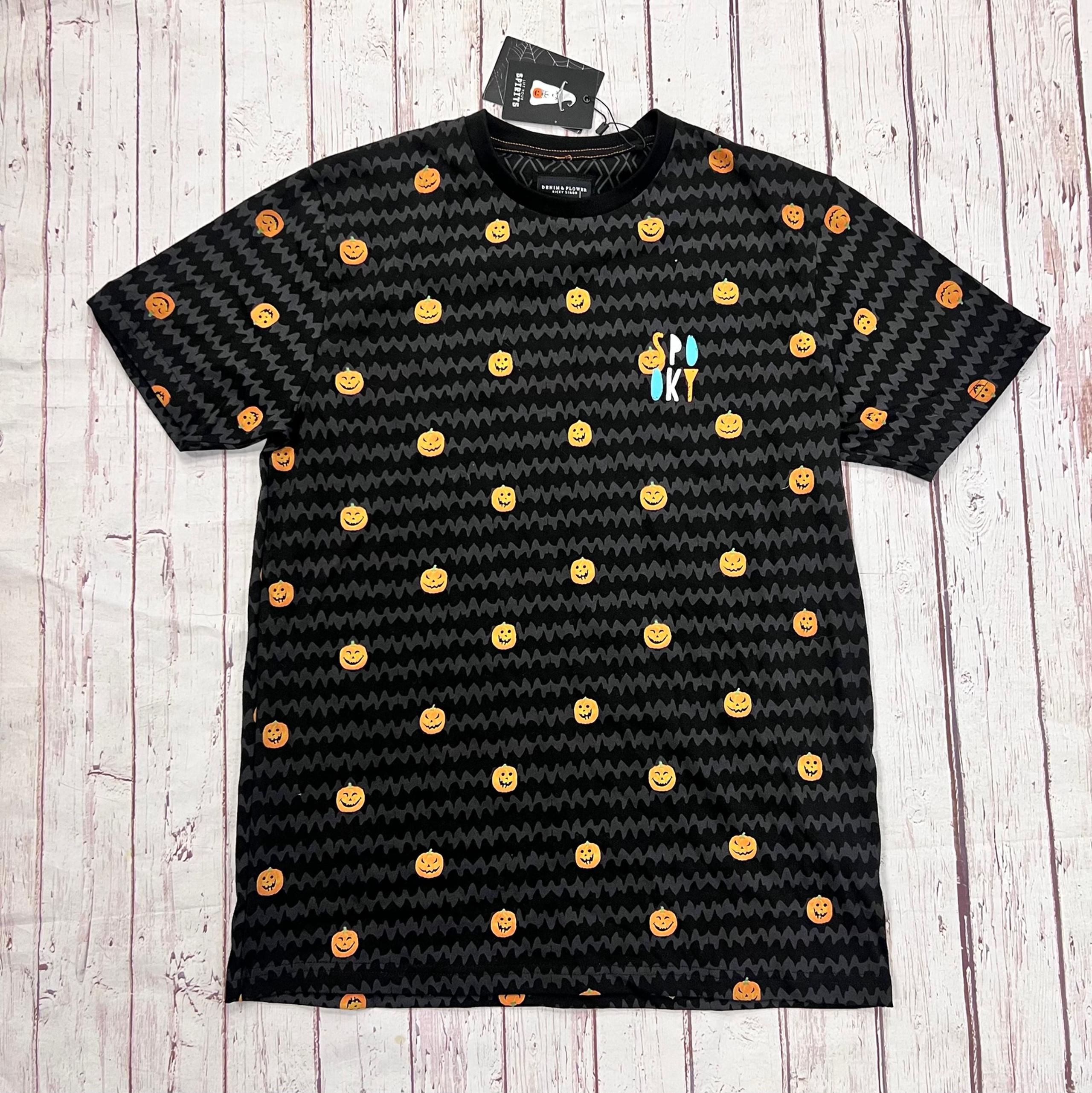 Denim & Flower Men’s Medium Pumpkin Print Spooky Halloween T-Shirt NWT