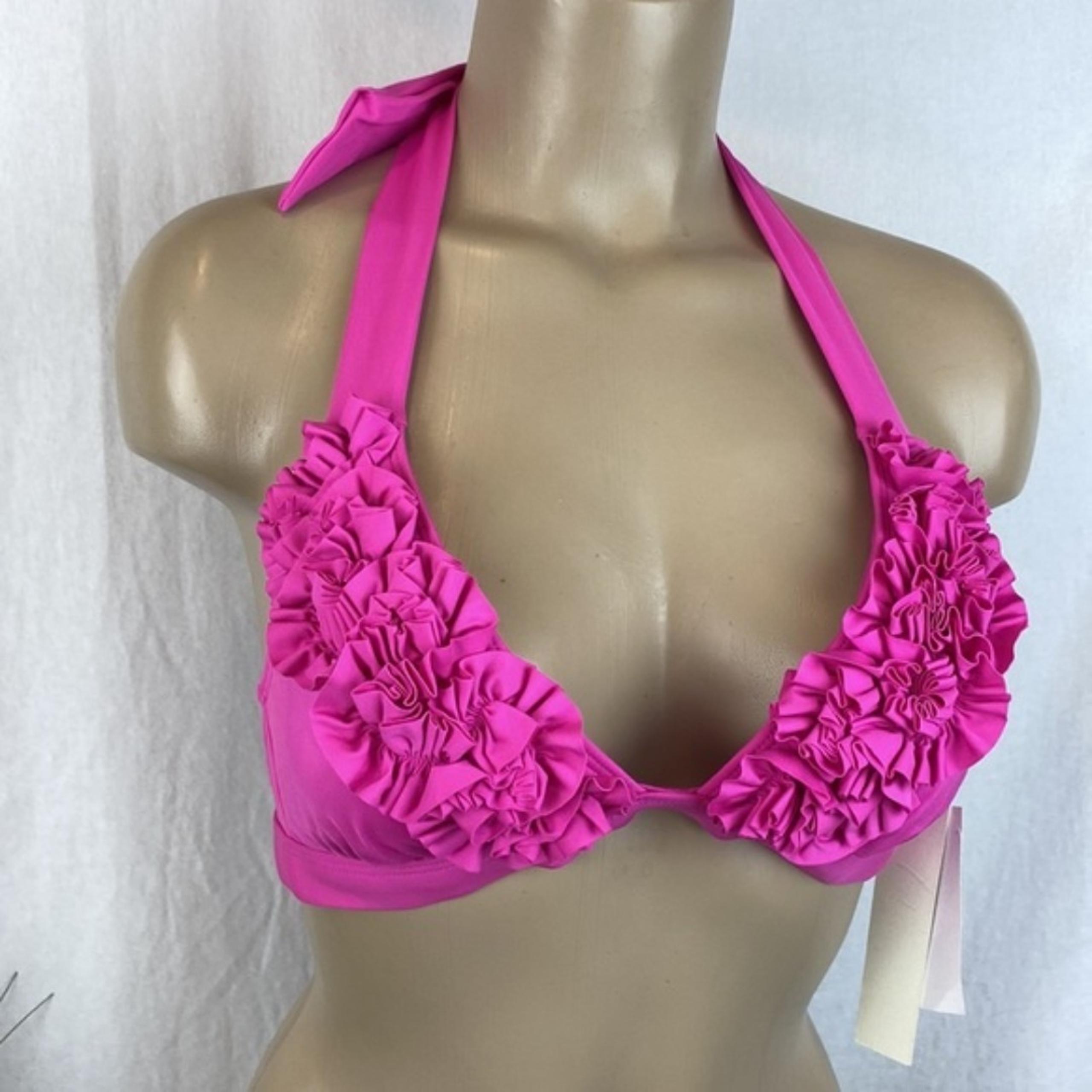 Kenneth Cole Hot Pink Ruffle Padded Swim Bikini Bathing Suit Top NEW M