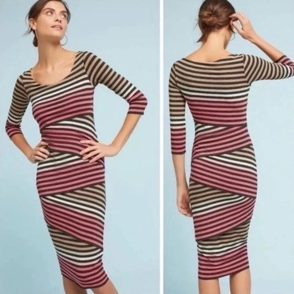 Anthropologie Bailey 44 Striped-Knit Column Dress Pink Rose & Black Size Medium