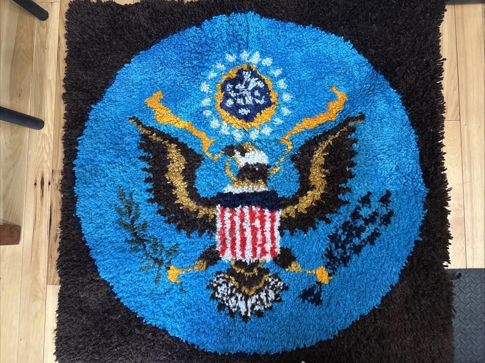 VTG 70s Handmade Shag Latch Hooked Rug Wall Hanging Americana Bicentennial 42x42