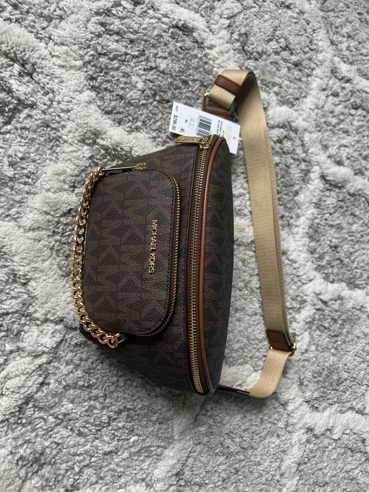 NWT 298 MICHAEL KORS JET SET MD SLING MSGR BAG WITH CHAIN in BROWN/LUGGAGE