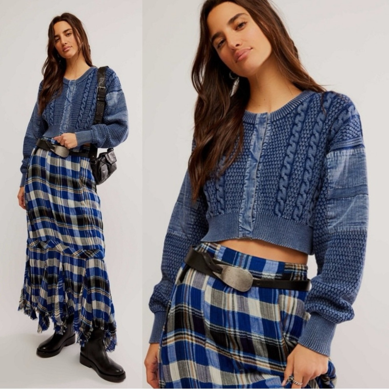 Free People Patchwork Chunky Cable Knit Heritage Cardi Cardigan Sweater Size XL