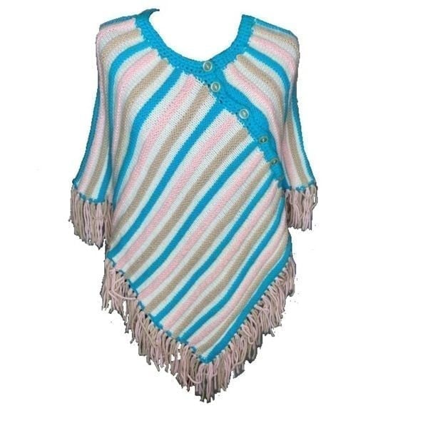 Vintage 1970s Poncho Sweater Blue Beige Striped