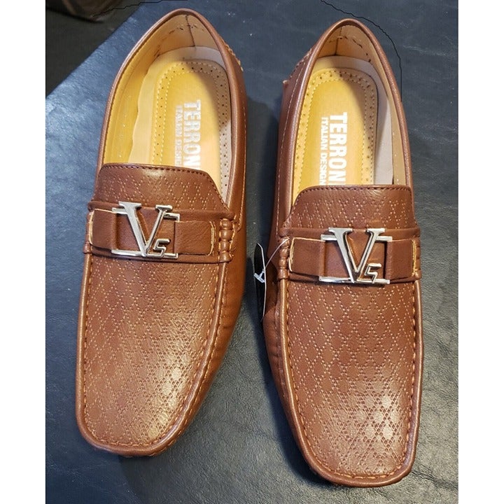 Italian Style Shoes Terroni Cognac W Design Embossed on Shoe V Shaped Ornament