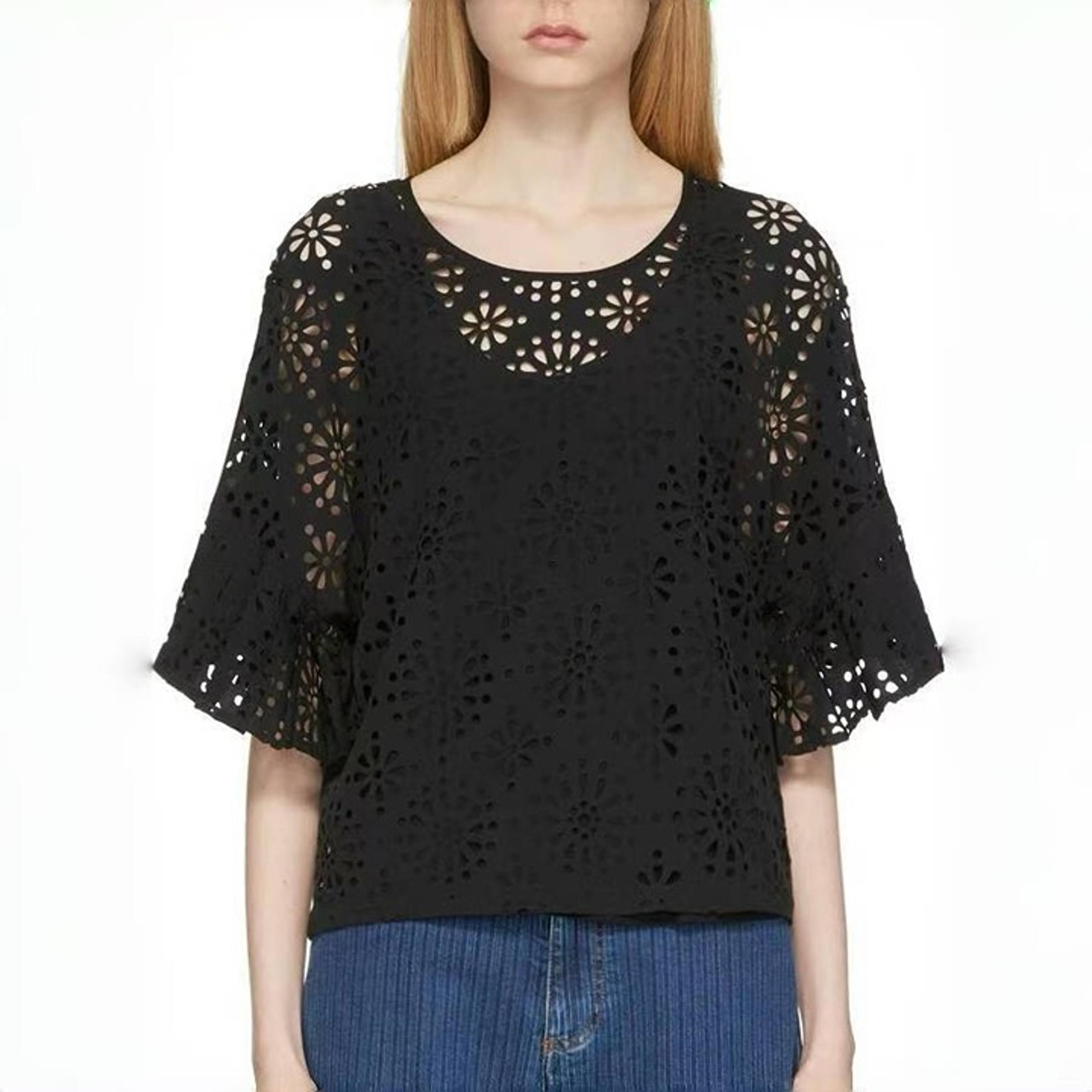 $428 NWOT See by Chloé Eyelet Top Lasercut Perforated Blouse Size 36 Black
