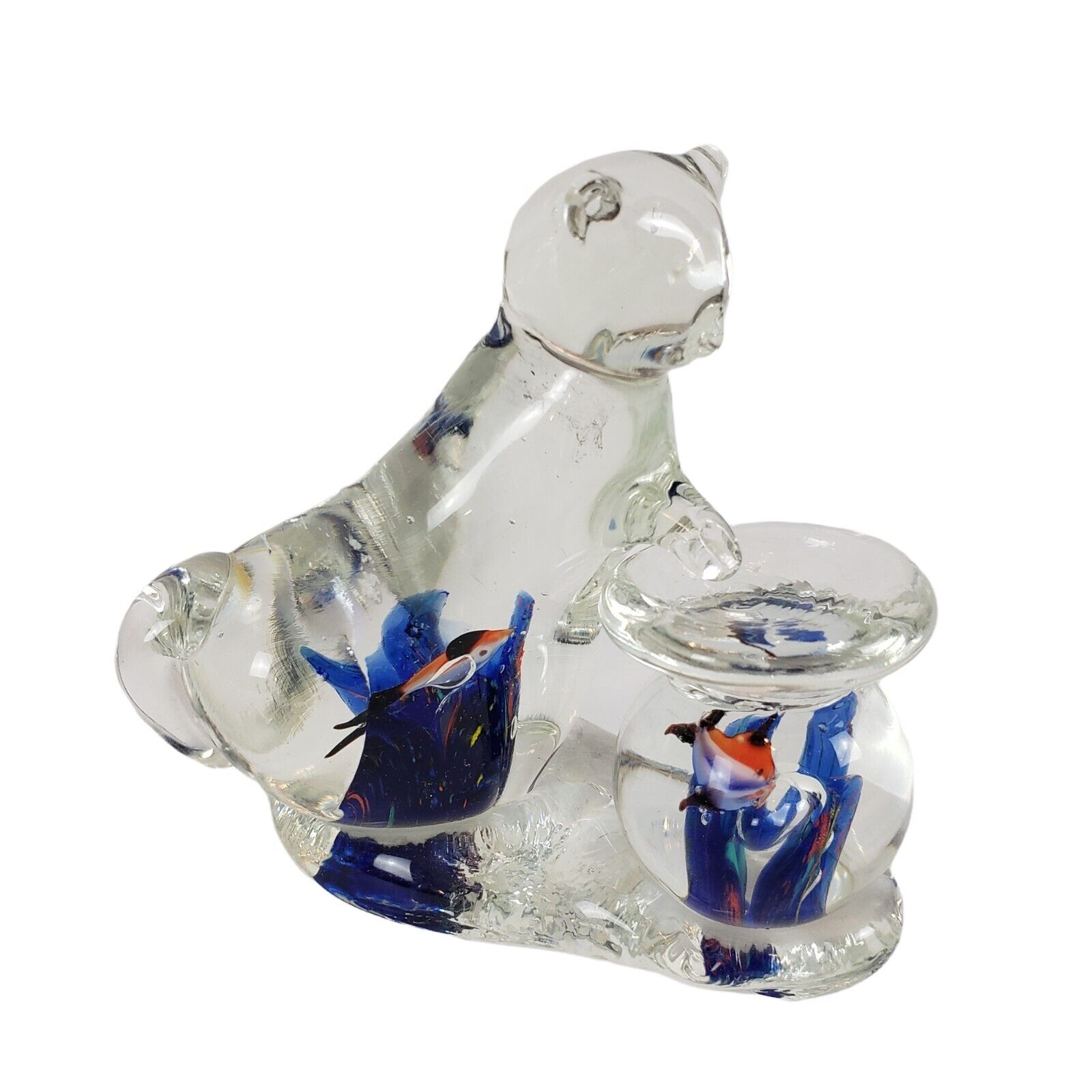 Retro Art Glass Cat W/ Fish In Belly & Fish Bowl Paper Weight 5 x 4.5 Figurine