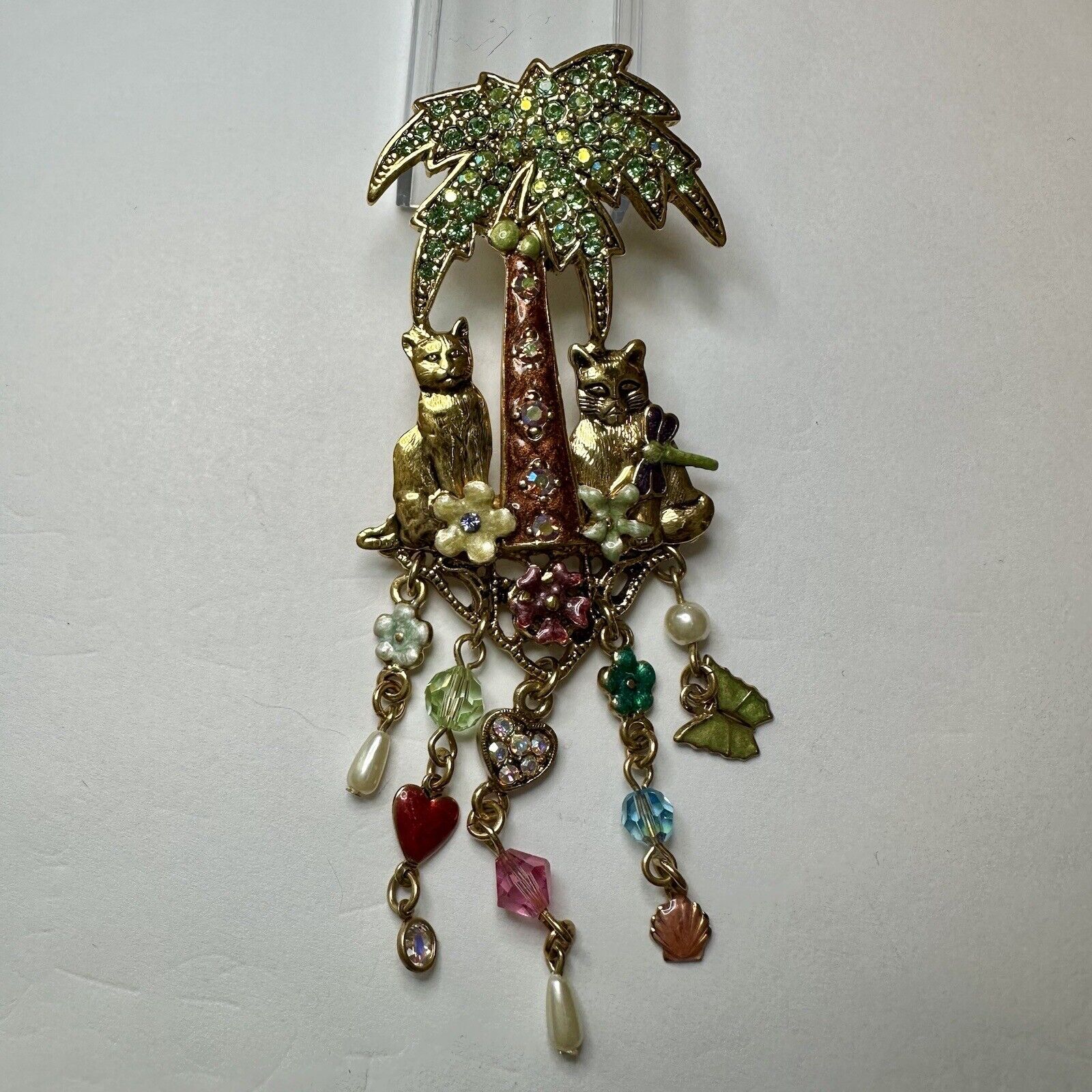 KIRKS FOLLY CASTAWAY CATS Tropical Island Brooch Palm Tree Dangling Charms VTG