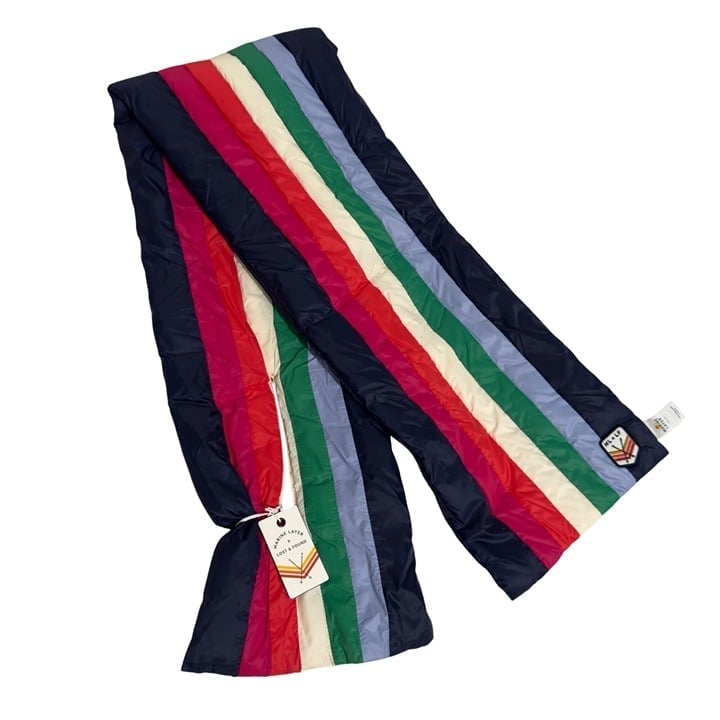 Marine Layer X Lost & Found Retro Rainbow Puffer Scarf Navy/ multi stripe one sz