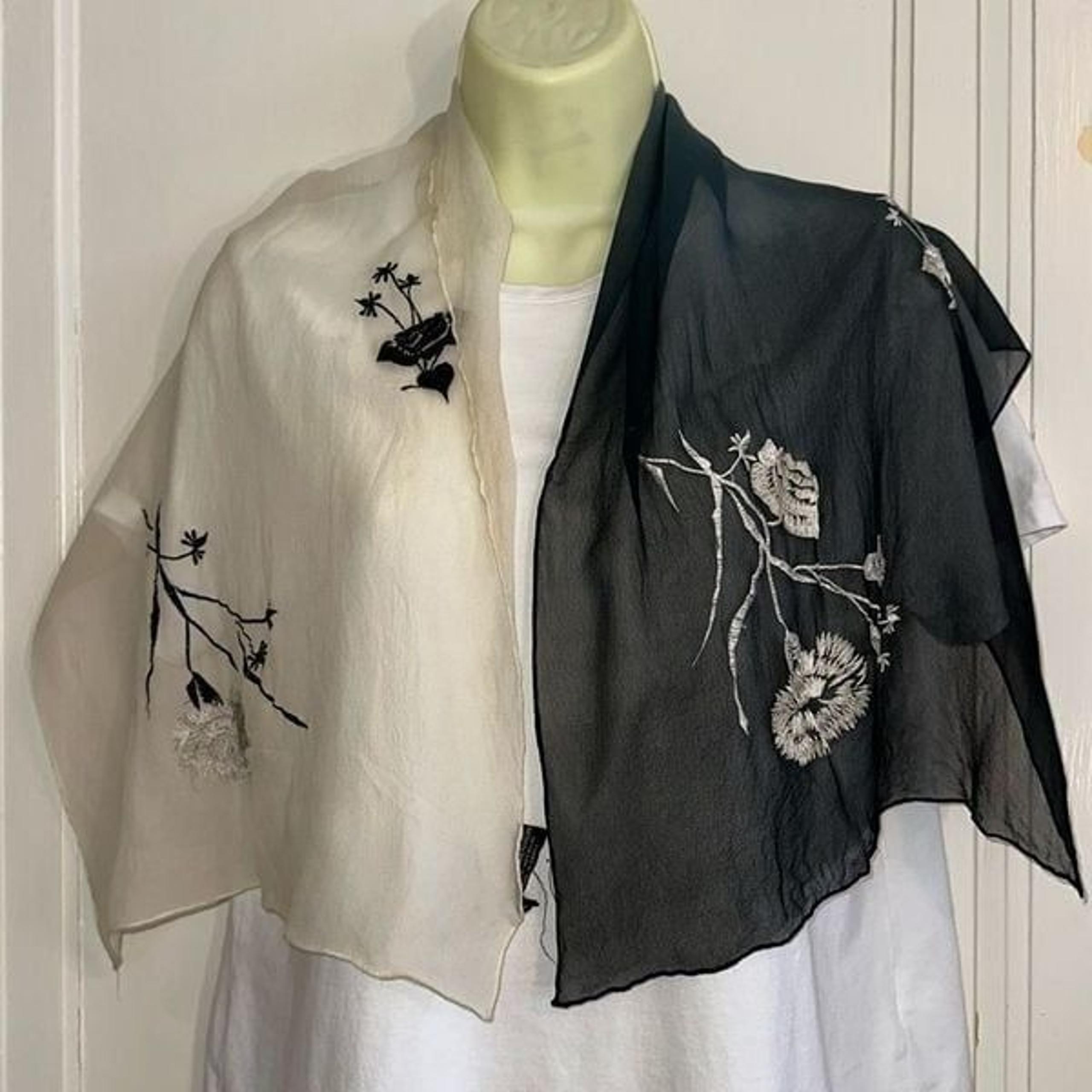 Vintage 60s Ben Goodman black & white silk scarf with embroidered flowers
