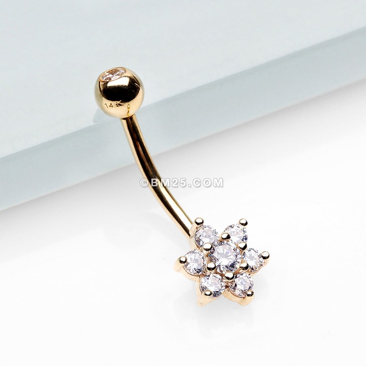 14 Karat Gold Brilliant Sparkle Prong Set Flower Belly Button Ring-Clear Gem