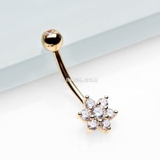 14 Karat Gold Brilliant Sparkle Prong Set Flower Belly Button Ring-Clear Gem