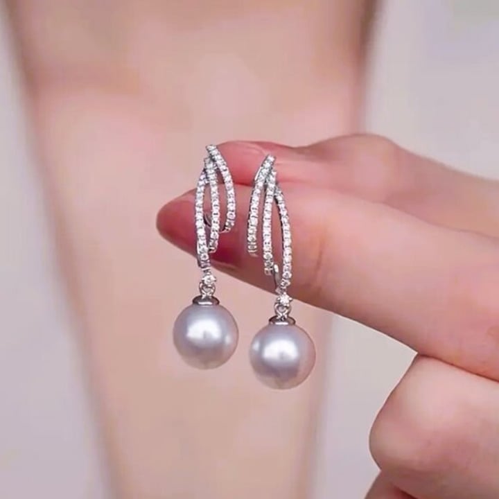 Solid Sterling Silver Womens Hanging Drop 1ct Diamond Pearl Earrings New Jewelry