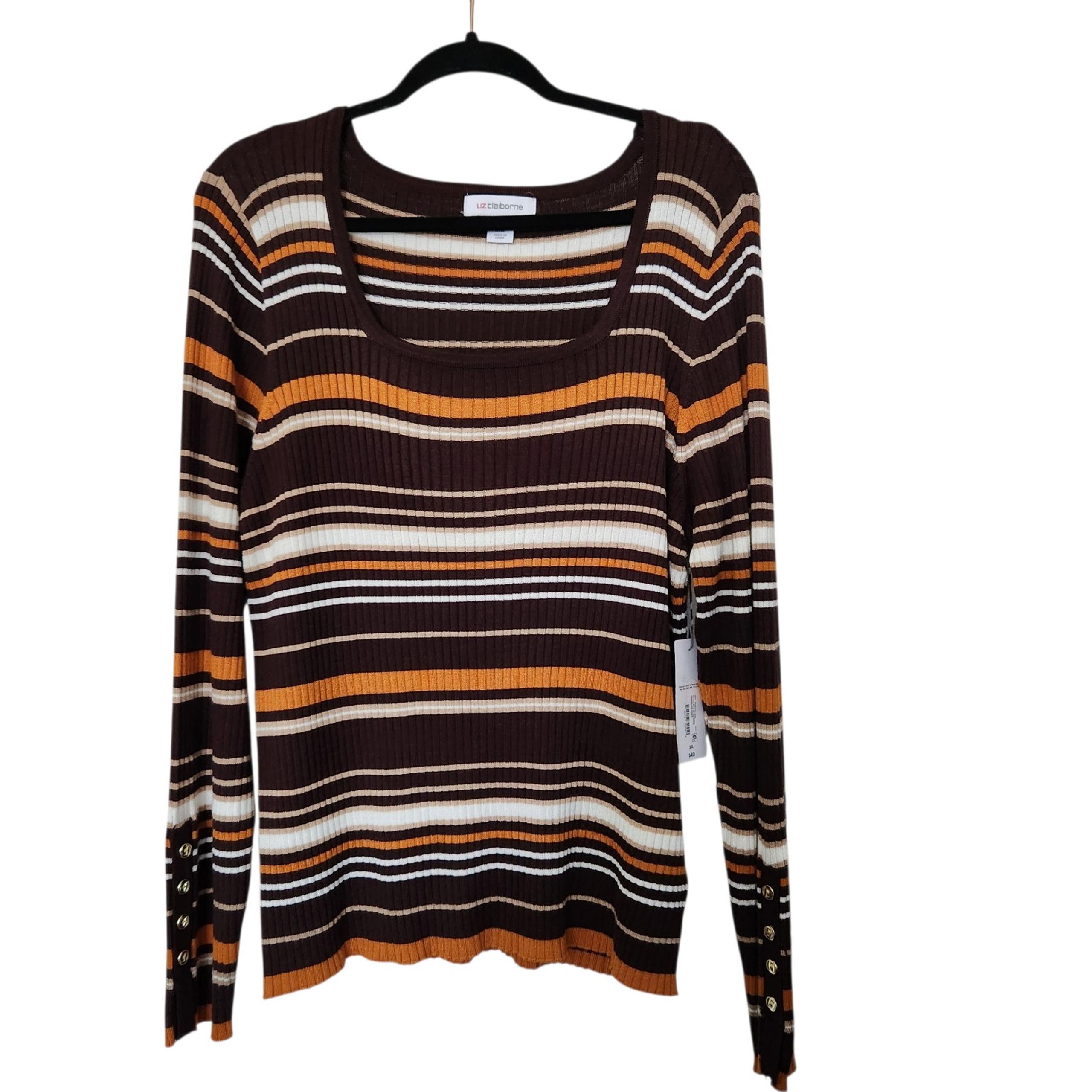 Liz Claiborne Womens Ribbed Long Sleeve Striped Scoop Neck Sweater Size XXL
