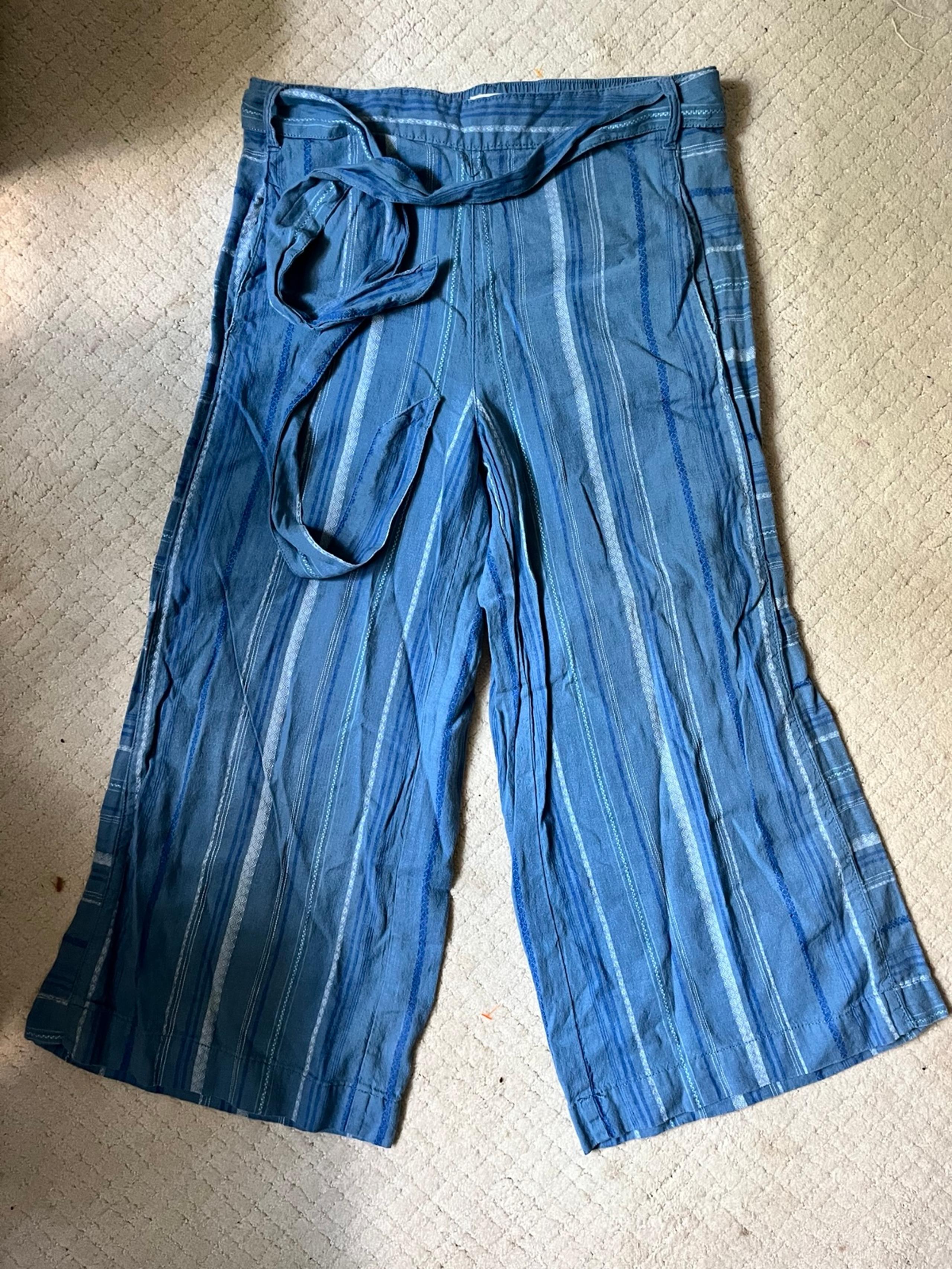 Anthropologie Laguna Blue Striped Wide Leg Cropped Linen Pants