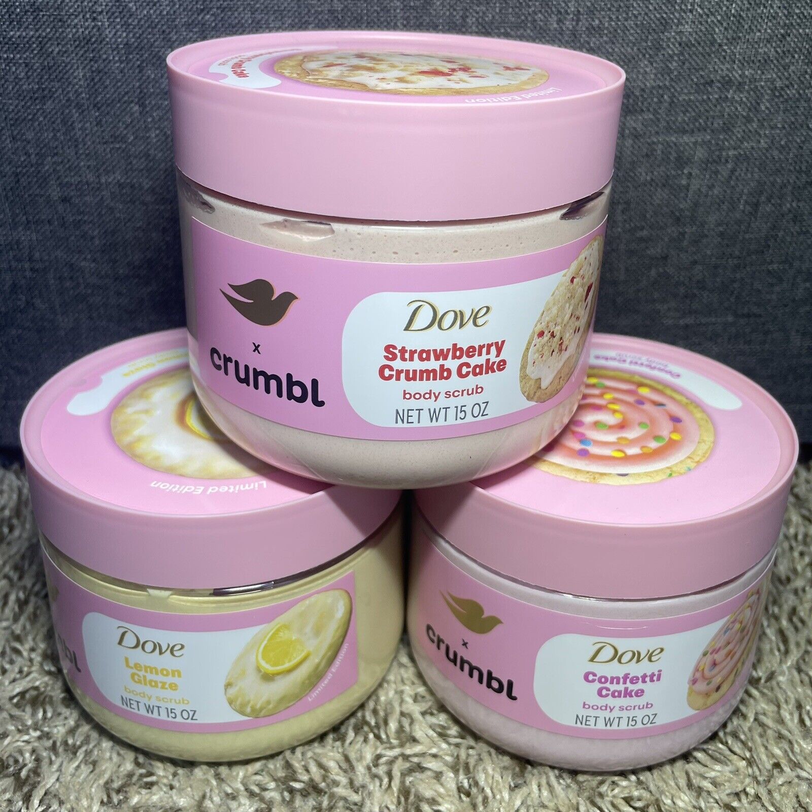 Dove x Crumbl 3pc Lot Body Scrubs Strawberry Crumb Lemon Glaze Confetti Cake x3