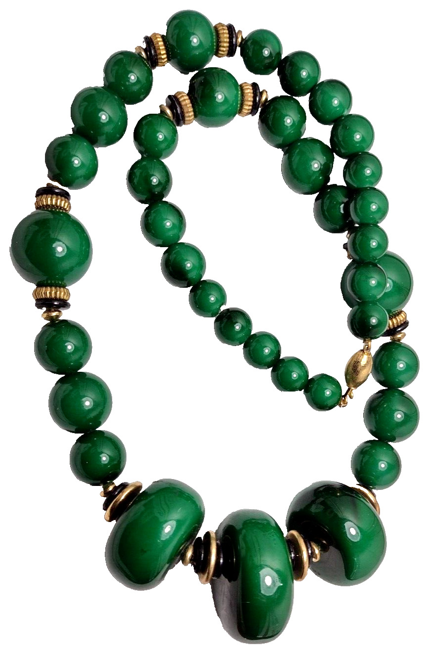 Vintage Green Lucite Beaded Chunky Necklace Gold Pin Clasp 28