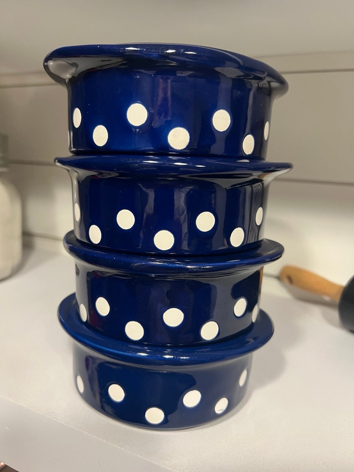 Vintage Wächtersbach Navy Blue White Polka Dot 4 Bowls GERMANY 70’s