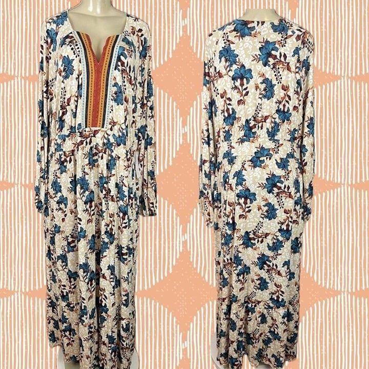 Roaman's +22/24 Fall Colors Floral Split Neck Long Sleeve Boho Style Maxi Dress