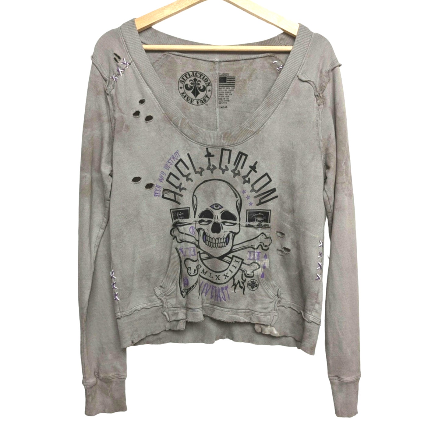 Affliction Pullover Sweatshirt Skull Snake Anarchy Women Large Gray Purple Vneck