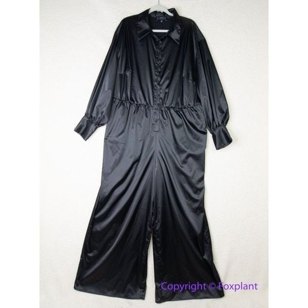 New! Eloquii Black satin long sleeve jumpsuit tie waist pockets, size 20