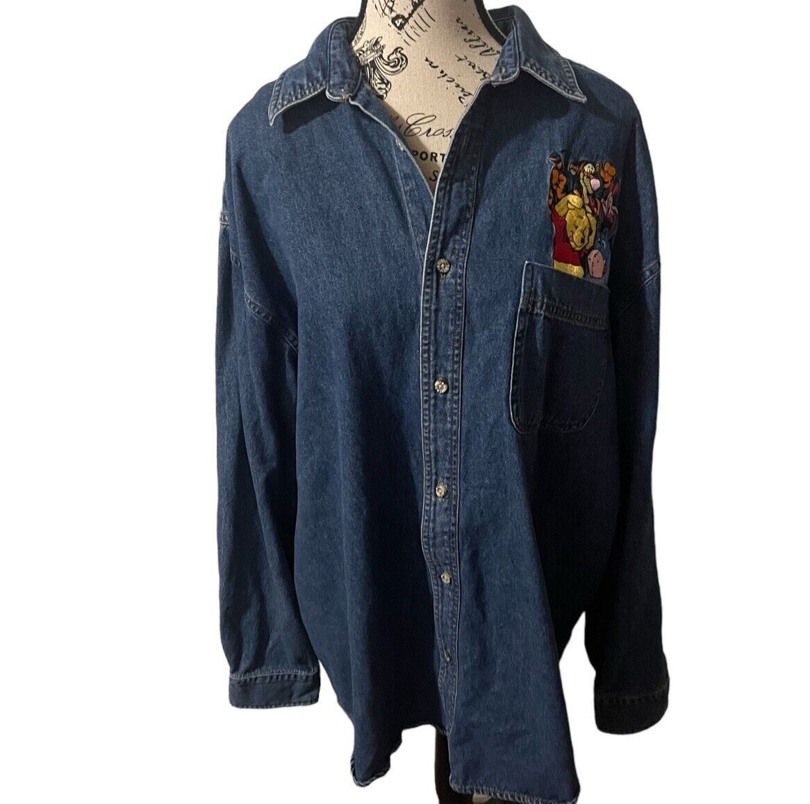 Vintage Disney Winnie The Pooh Button Up Denim Long Sleeve Shirt Pocket Large